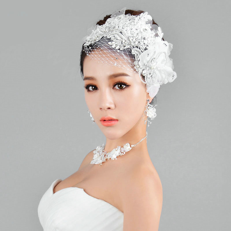 Elegant Wedding Headdress Jewelry Gauze Lace Flower Crystal Bridal Headband Hair Accessories