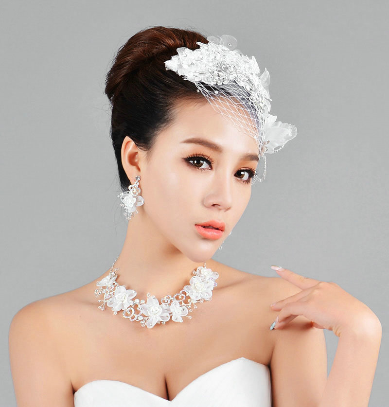 Elegant Wedding Headdress Jewelry Gauze Lace Flower Crystal Bridal Headband Hair Accessories