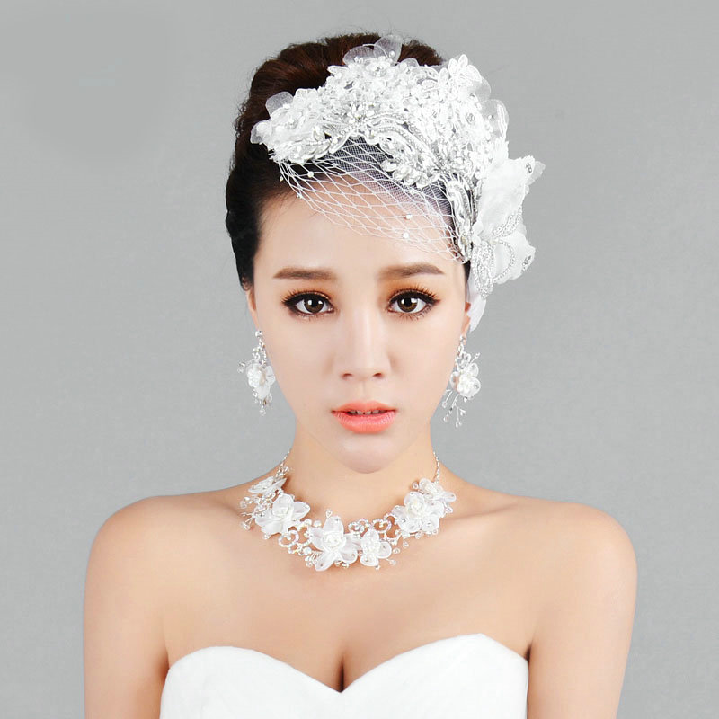 Elegant Wedding Headdress Jewelry Gauze Lace Flower Crystal Bridal Headband Hair Accessories