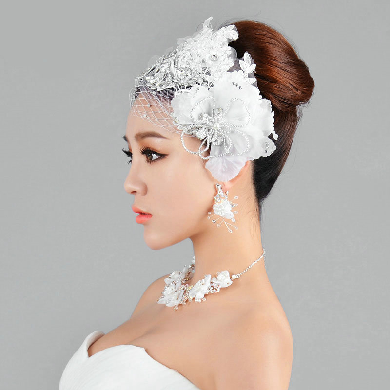 Elegant Wedding Headdress Jewelry Gauze Lace Flower Crystal Bridal Headband Hair Accessories