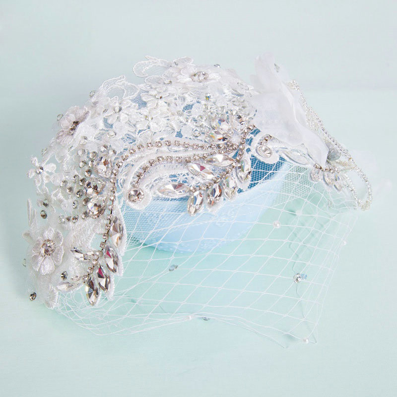 Elegant Wedding Headdress Jewelry Gauze Lace Flower Crystal Bridal Headband Hair Accessories