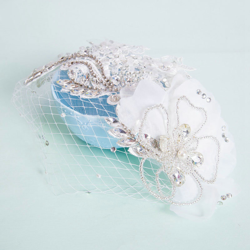 Elegant Wedding Headdress Jewelry Gauze Lace Flower Crystal Bridal Headband Hair Accessories