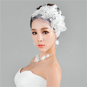 Elegant Wedding Headdress Jewelry Gauze Lace Flower Crystal Bridal Headband Hair Accessories