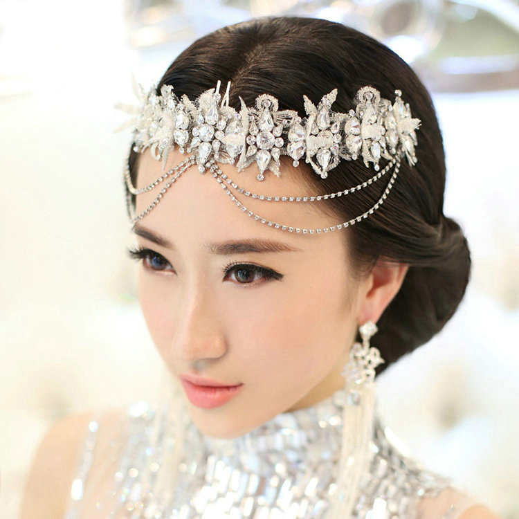 Elegant Wedding Headdress Jewelry Tassel Lace Flower Crystal Bridal Headband Hair Accessories