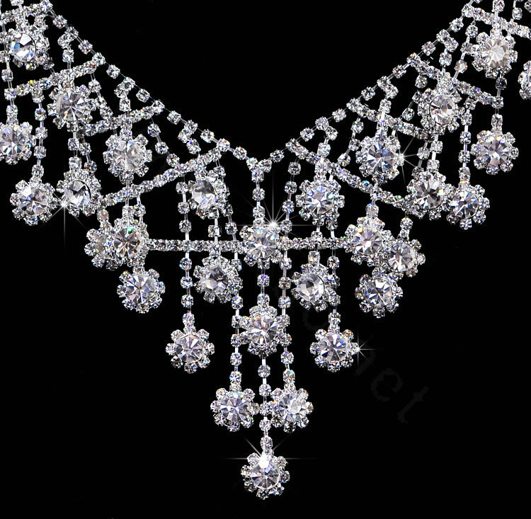 Elegant Wedding Jewelry Sets for Bridal Crystal Flower Tiara & Earrings & Rhinestone Tassel Necklace