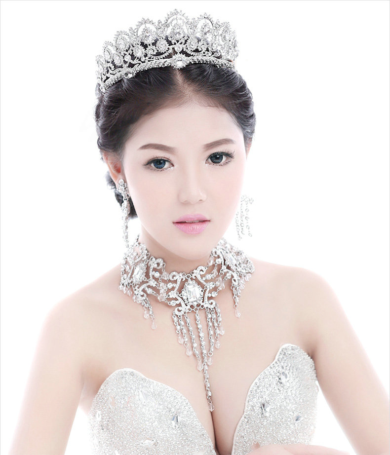 Elegant Wedding Jewelry Sets for Bridal Rhinestone Big Tiara & Earrings & Crystal Tassel Necklace