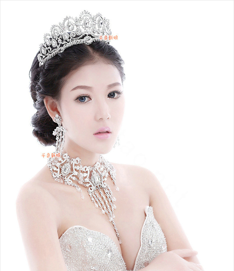Elegant Wedding Jewelry Sets for Bridal Rhinestone Big Tiara & Earrings & Crystal Tassel Necklace