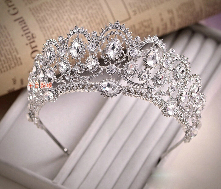 Elegant Wedding Jewelry Sets for Bridal Rhinestone Big Tiara & Earrings & Crystal Tassel Necklace