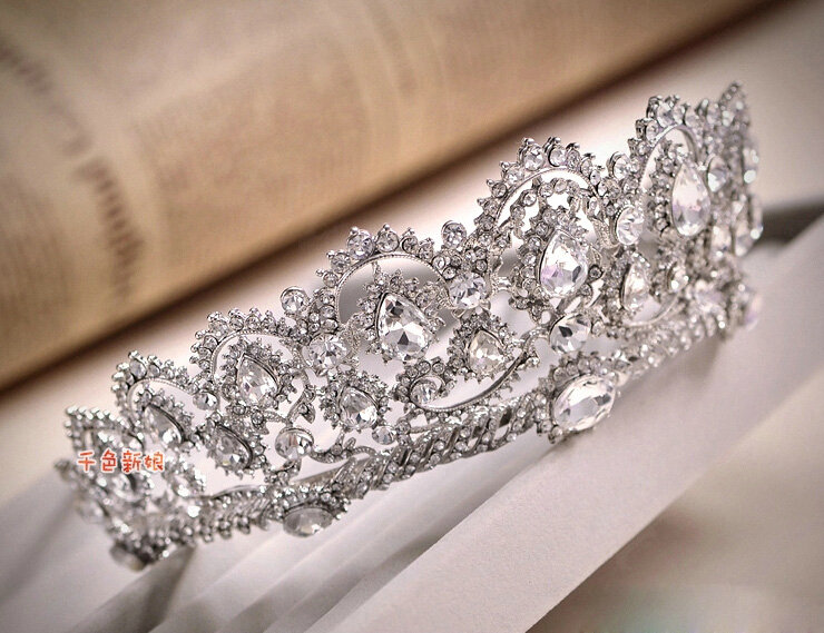 Elegant Wedding Jewelry Sets for Bridal Rhinestone Big Tiara & Earrings & Crystal Tassel Necklace