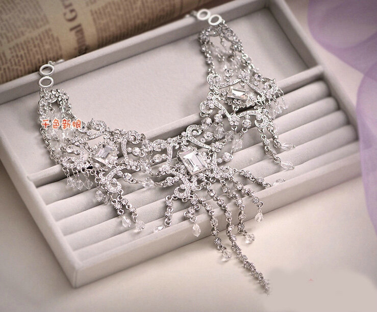 Elegant Wedding Jewelry Sets for Bridal Rhinestone Big Tiara & Earrings & Crystal Tassel Necklace