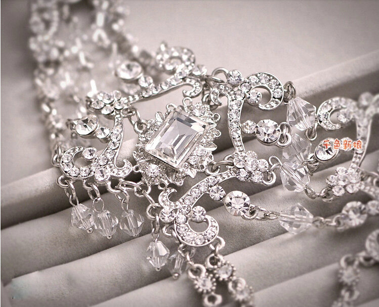 Elegant Wedding Jewelry Sets for Bridal Rhinestone Big Tiara & Earrings & Crystal Tassel Necklace