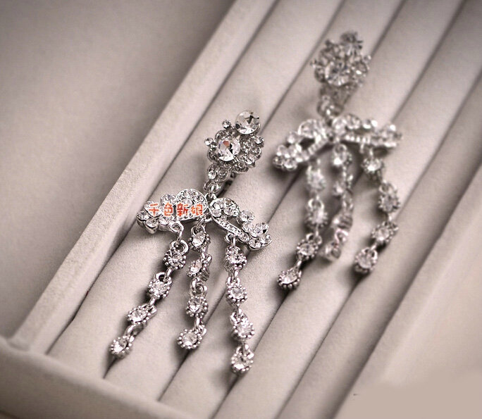 Elegant Wedding Jewelry Sets for Bridal Rhinestone Big Tiara & Earrings & Crystal Tassel Necklace