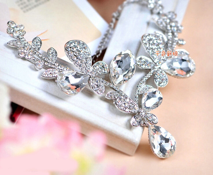 Elegant Wedding Jewelry Sets for Bridal Rhinestone Tiara & Earrings & Crystal Butterfly Necklace