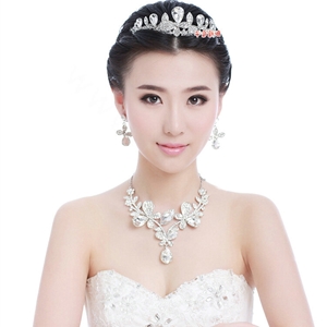 Elegant Wedding Jewelry Sets for Bridal Rhinestone Tiara & Earrings & Crystal Butterfly Necklace