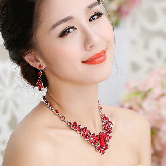 Fashion Retro Wedding Jewelry Sets Red Gemstone Flower Crystal Earrings & Bridal Necklace