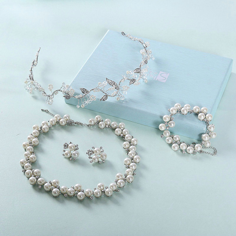 Fashion Wedding Jewelry Sets Flower Crystal Beads Tiara & Earrings & Bridal Pearl Necklace & Bracelet