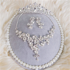 Fashion Wedding Jewelry Sets Flower Crystal Tiara & Earrings & Bridal Rhinestone Necklace