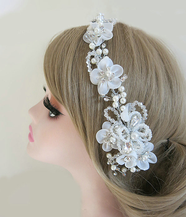 High Quality Crystal beads Bridal Hairwear Pearl Lace Flower Hair Hoop Wedding Hair Accessories
