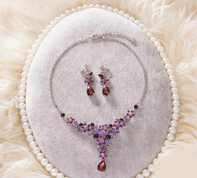 High Quality Fashion Wedding Jewelry Sets Flower Purple Crystal Earrings & Bridal Pendant Necklace