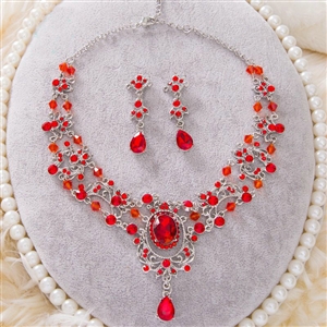 High Quality Fashion Wedding Jewelry Sets Red Crystal Gemstone Earrings & Bridal Necklace