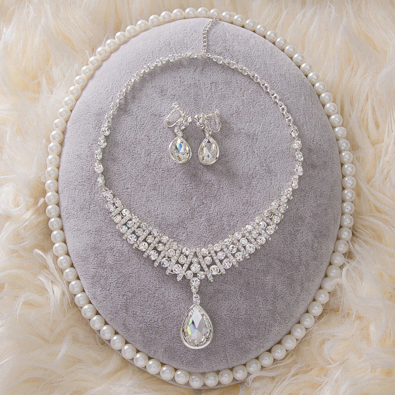 High Quality Fashion Wedding Jewelry Sets Water-drops Bling Crystal Earrings & Bridal Necklace
