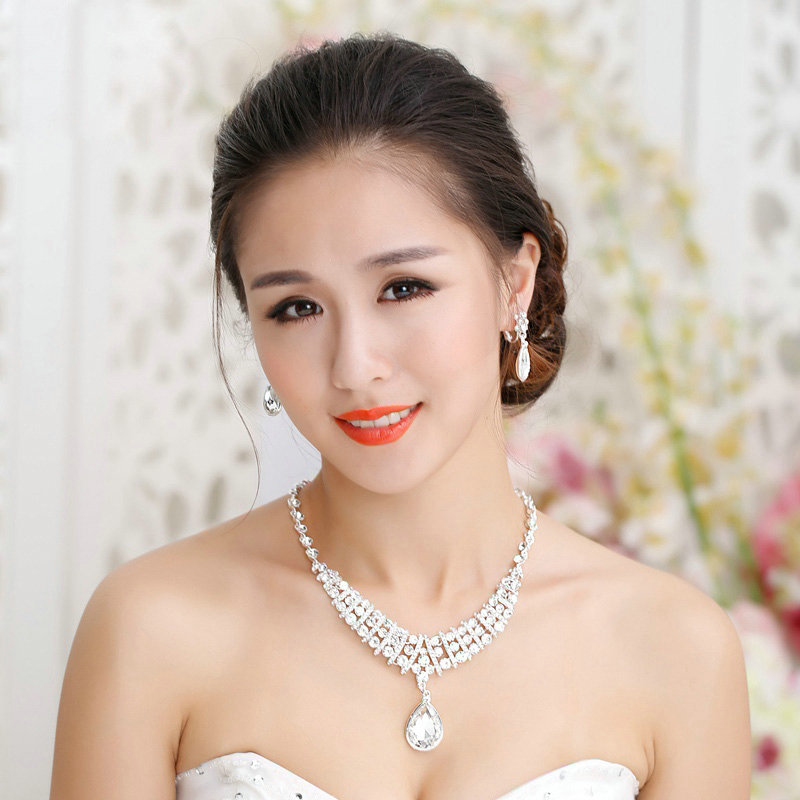 High Quality Fashion Wedding Jewelry Sets Water-drops Bling Crystal Earrings & Bridal Necklace