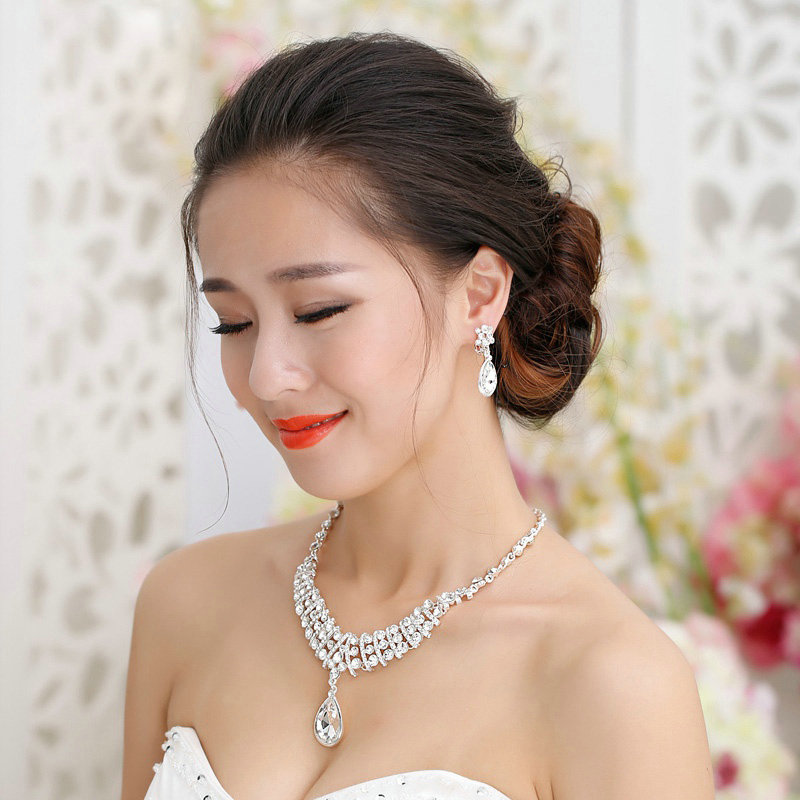 High Quality Fashion Wedding Jewelry Sets Water-drops Bling Crystal Earrings & Bridal Necklace