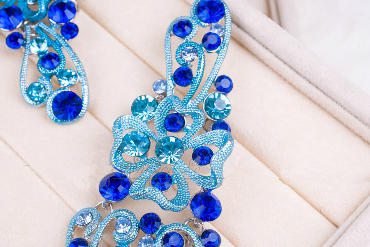 High Quality Unique Wedding Jewelry Sets Flower Blue Crystal Drop Earrings & Bridal Necklace