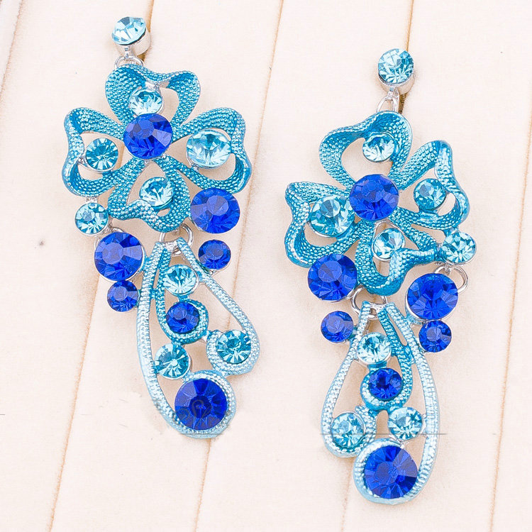 High Quality Unique Wedding Jewelry Sets Flower Blue Crystal Drop Earrings & Bridal Necklace