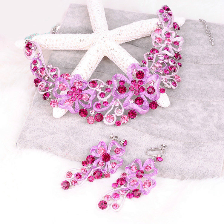 High Quality Unique Wedding Jewelry Sets Flower Purple Crystal Drop Earrings & Bridal Necklace