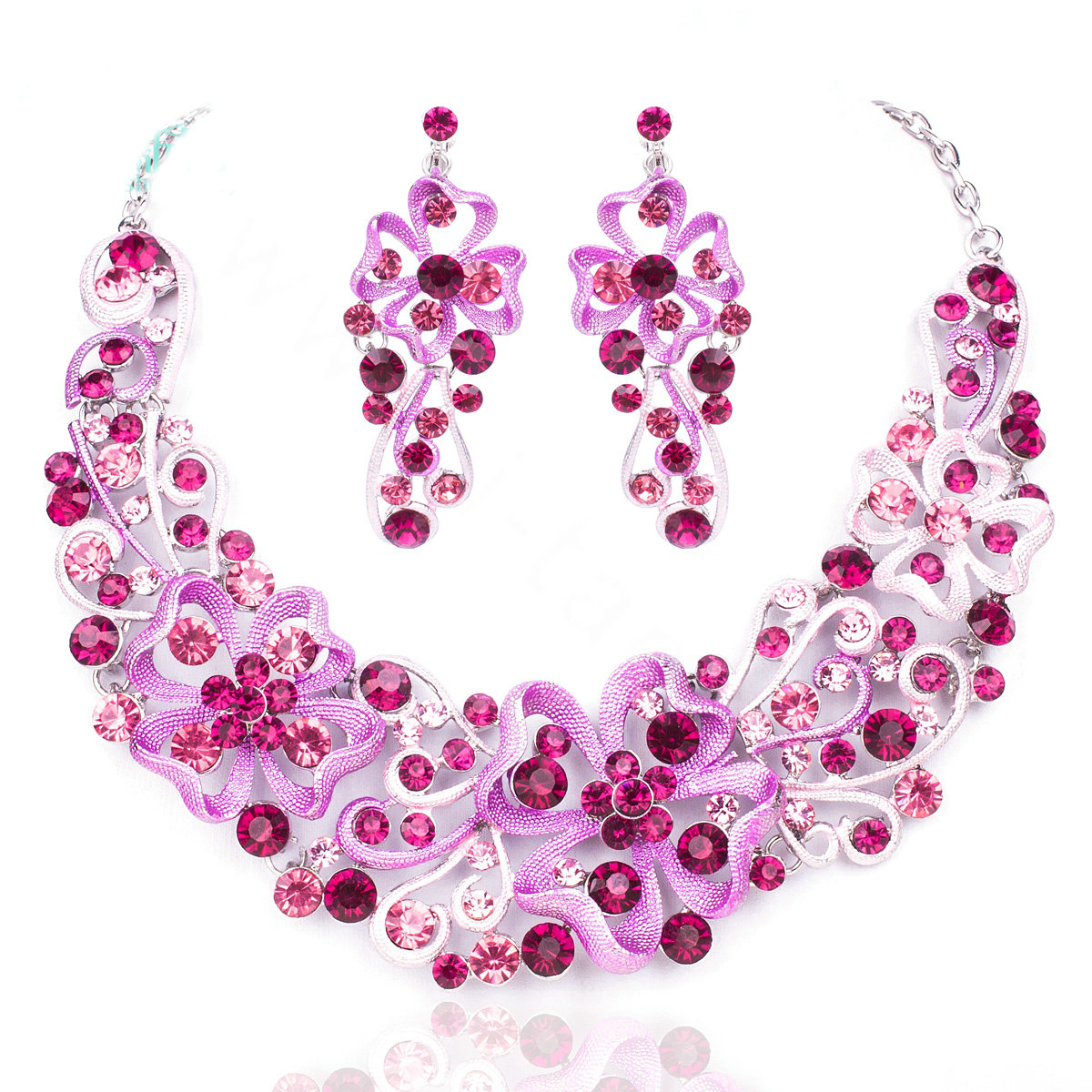 High Quality Unique Wedding Jewelry Sets Flower Purple Crystal Drop Earrings & Bridal Necklace