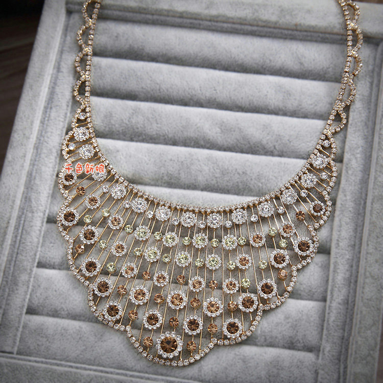 Luxurious Champagne Wedding Bridal Jewelry Fan-shaped Crystal Necklace Earrings Sets