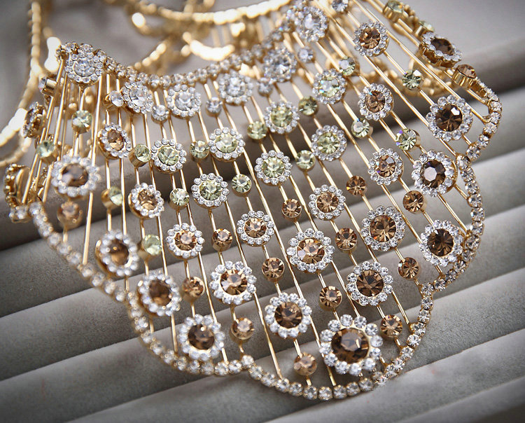 Luxurious Champagne Wedding Bridal Jewelry Fan-shaped Crystal Necklace Earrings Sets