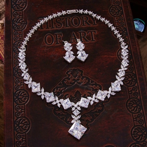Luxury Banquet Wedding Jewelry Sets Blocks Flower Earrings & Bridal AAA+ Zircon Statement Necklace