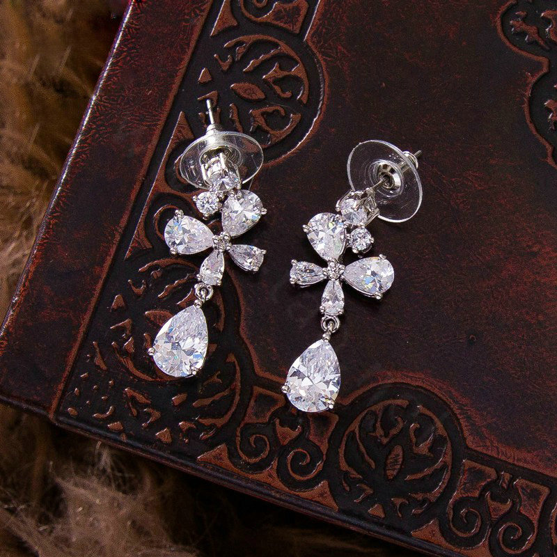 Luxury Banquet Wedding Jewelry Sets Crystal Flower Water-drop Earrings & Bridal Zircon Statement Necklace
