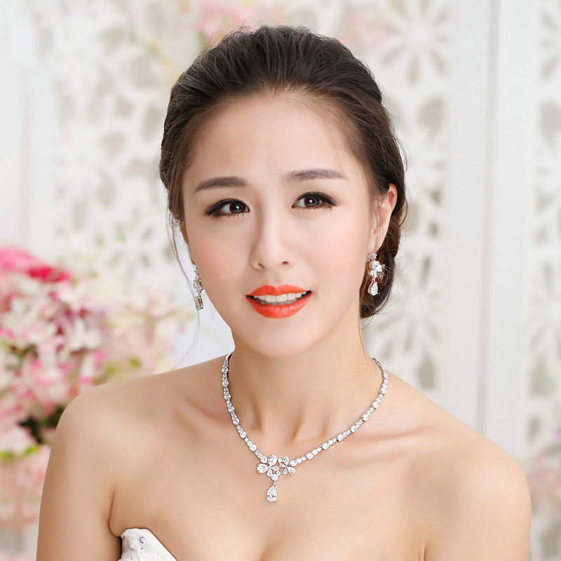 Luxury Banquet Wedding Jewelry Sets Crystal Flower Water-drop Earrings & Bridal Zircon Statement Necklace