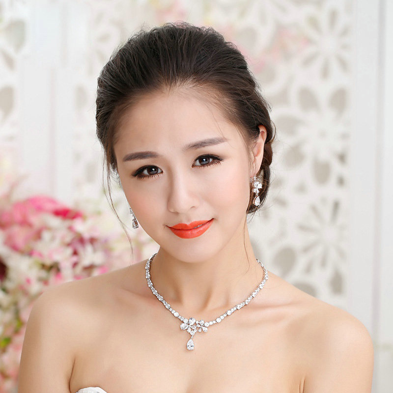 Luxury Banquet Wedding Jewelry Sets Crystal Flower Water-drop Earrings & Bridal Zircon Statement Necklace