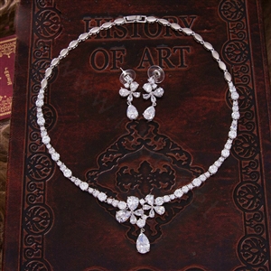 Luxury Banquet Wedding Jewelry Sets Crystal Flower Water-drop Earrings & Bridal Zircon Statement Necklace
