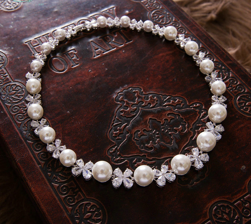 Luxury Banquet Wedding Jewelry Sets Crystal Pearl Flower Earrings & Bridal Zircon Statement Necklace