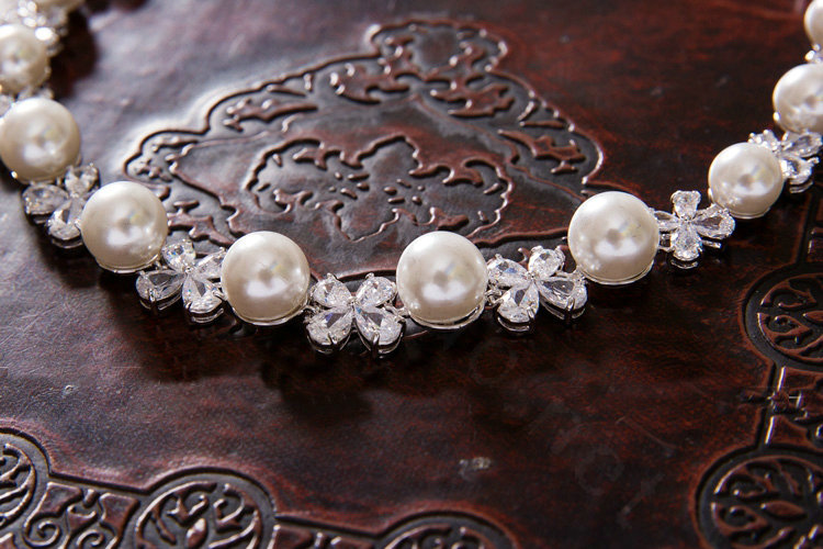 Luxury Banquet Wedding Jewelry Sets Crystal Pearl Flower Earrings & Bridal Zircon Statement Necklace