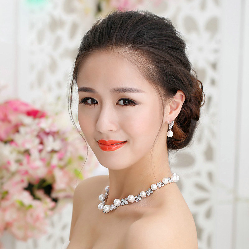 Luxury Banquet Wedding Jewelry Sets Crystal Pearl Flower Earrings & Bridal Zircon Statement Necklace