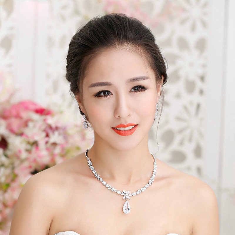 Luxury Banquet Wedding Jewelry Sets Crystal Water-drop Earrings & Bridal Flower Zircon Statement Necklace