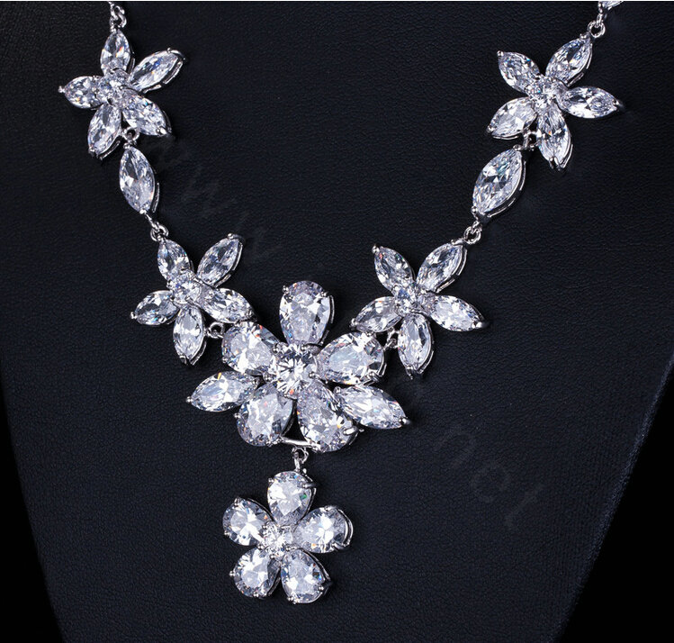 Luxury Banquet Wedding Jewelry Sets Diamond Flower Stud Earrings & Bridal Zircon Pendant Necklace