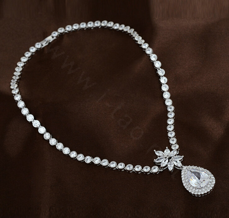 Luxury Banquet Wedding Jewelry Sets Diamond Flower Water-drop Earrings & Bridal Zircon Statement Necklace
