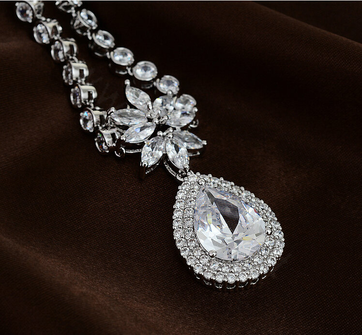 Luxury Banquet Wedding Jewelry Sets Diamond Flower Water-drop Earrings & Bridal Zircon Statement Necklace