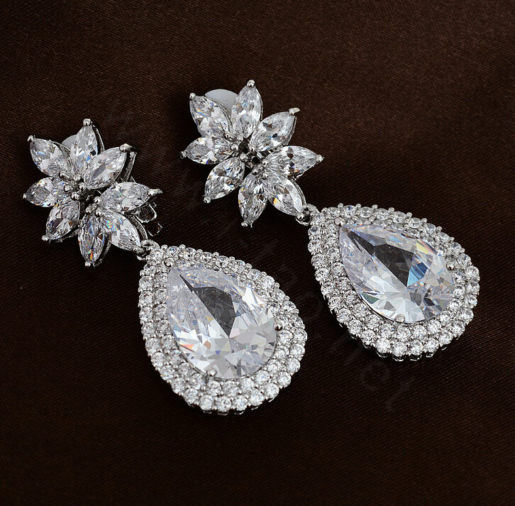 Luxury Banquet Wedding Jewelry Sets Diamond Flower Water-drop Earrings & Bridal Zircon Statement Necklace