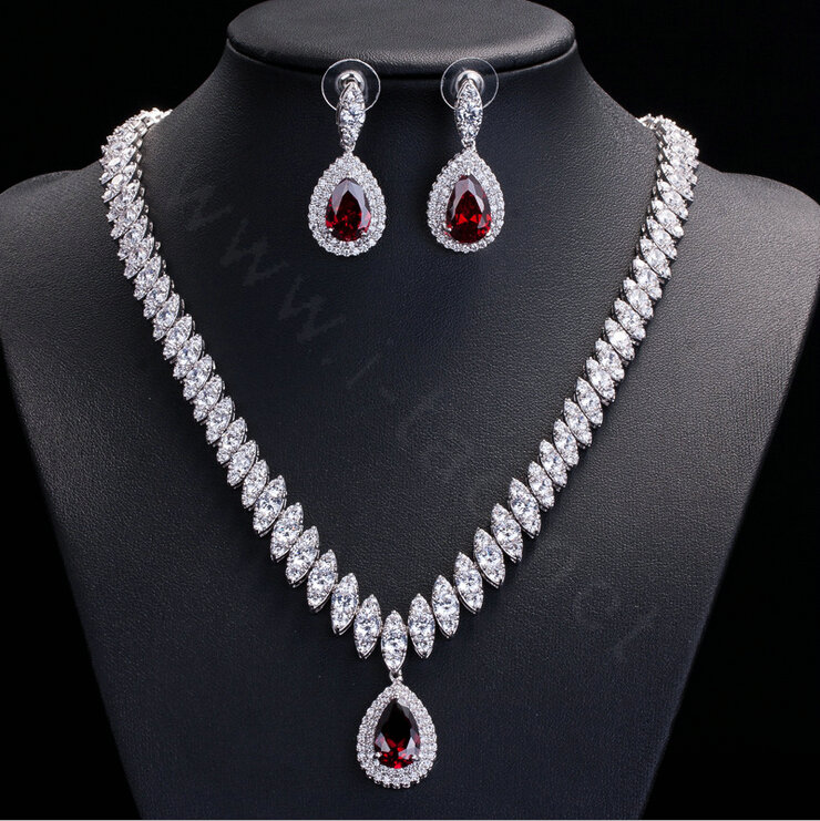 Luxury Banquet Wedding Jewelry Sets Diamond Stud Earrings & Bridal Zircon Statement Necklace