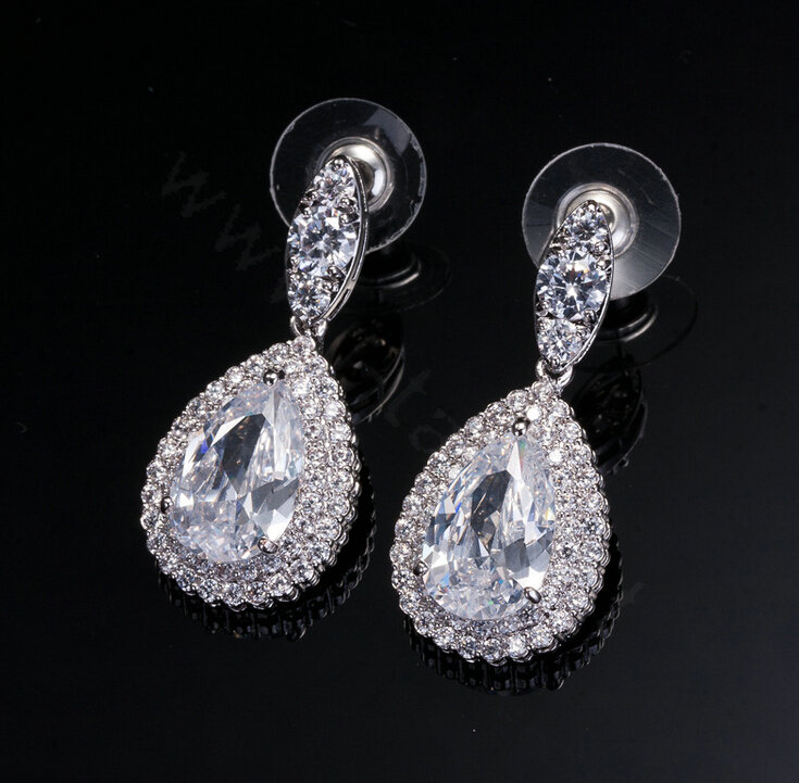 Luxury Banquet Wedding Jewelry Sets Diamond Water-drop Stud Earrings & Bridal Zircon Statement Necklace