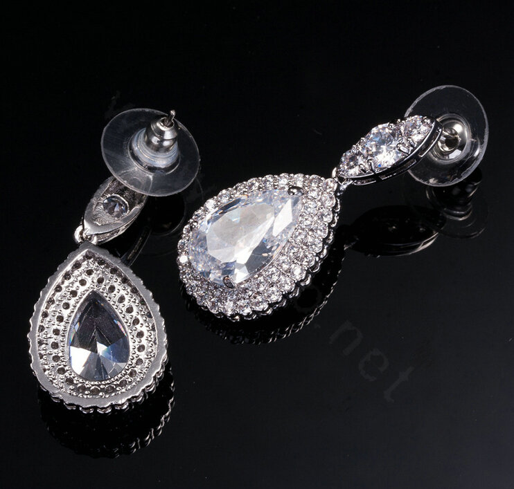 Luxury Banquet Wedding Jewelry Sets Diamond Water-drop Stud Earrings & Bridal Zircon Statement Necklace