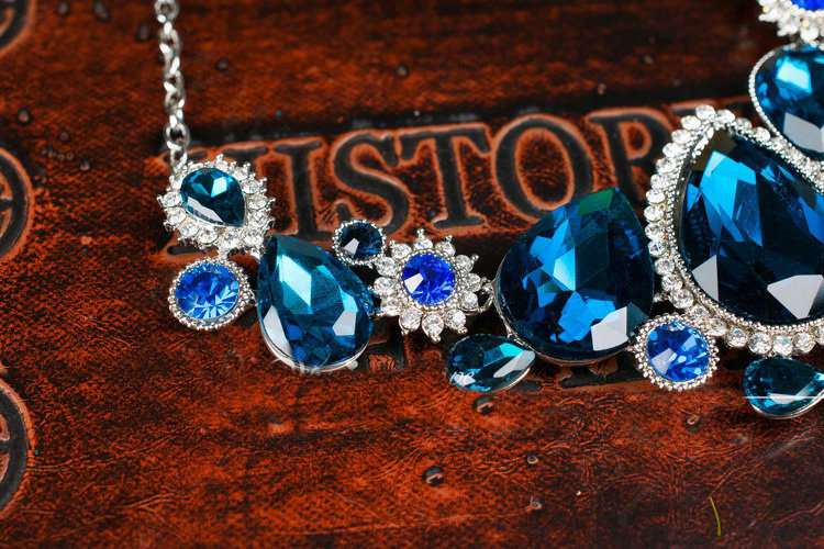 Luxury Banquet Wedding Jewelry Sets Flower Blue Crystal Headdress & Earrings & Bridal Rhinestone Necklace
